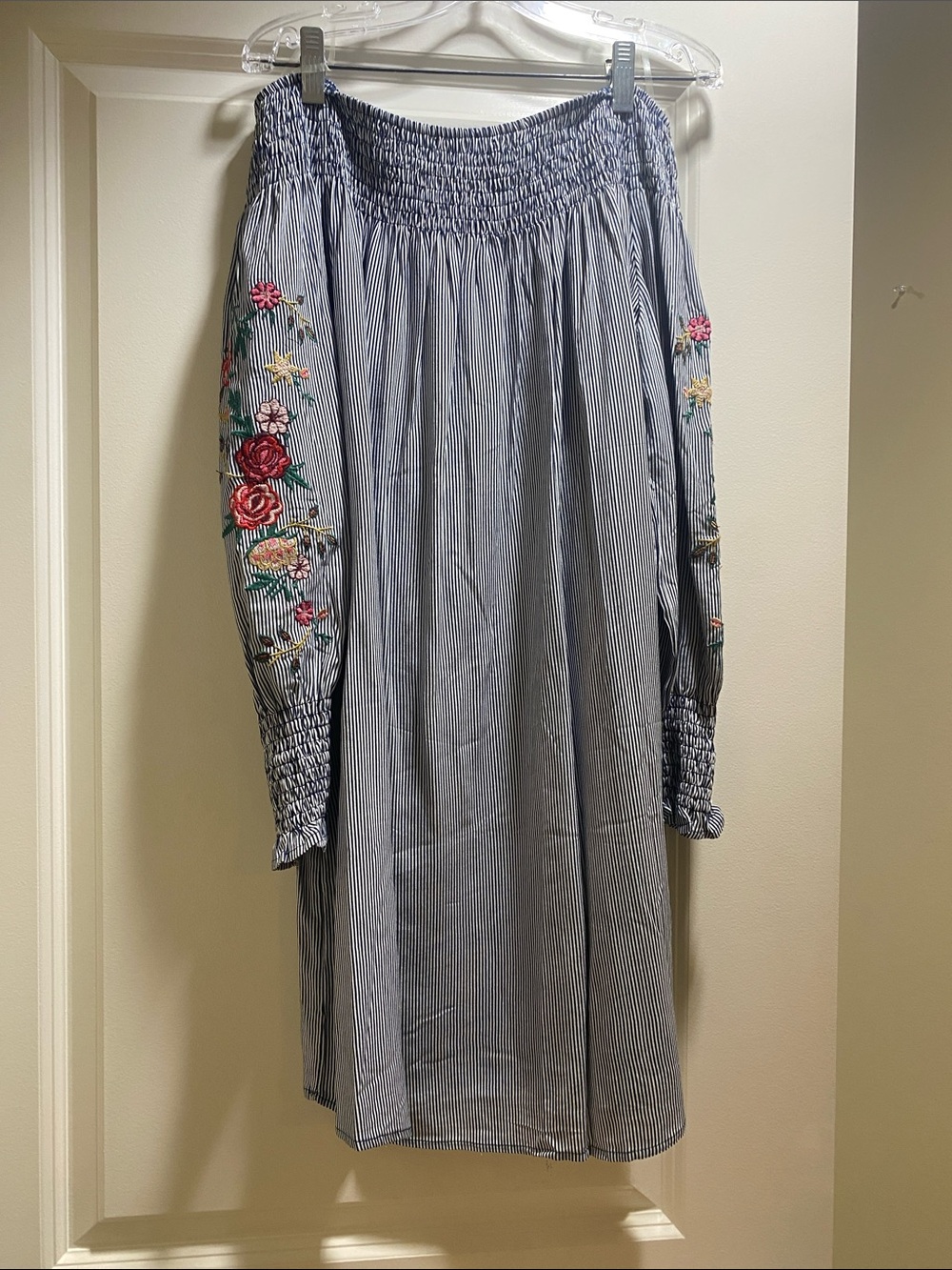 Striped Off-Shoulder Mini Dress with Floral Embroidery